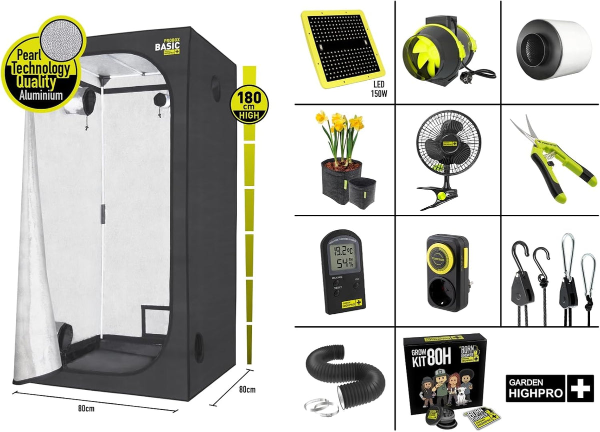 Garden Highpro Growkit 80H – Growzelt Komplettset 80x80x180 cm mit LED 150 W, Abluft und Zubehör