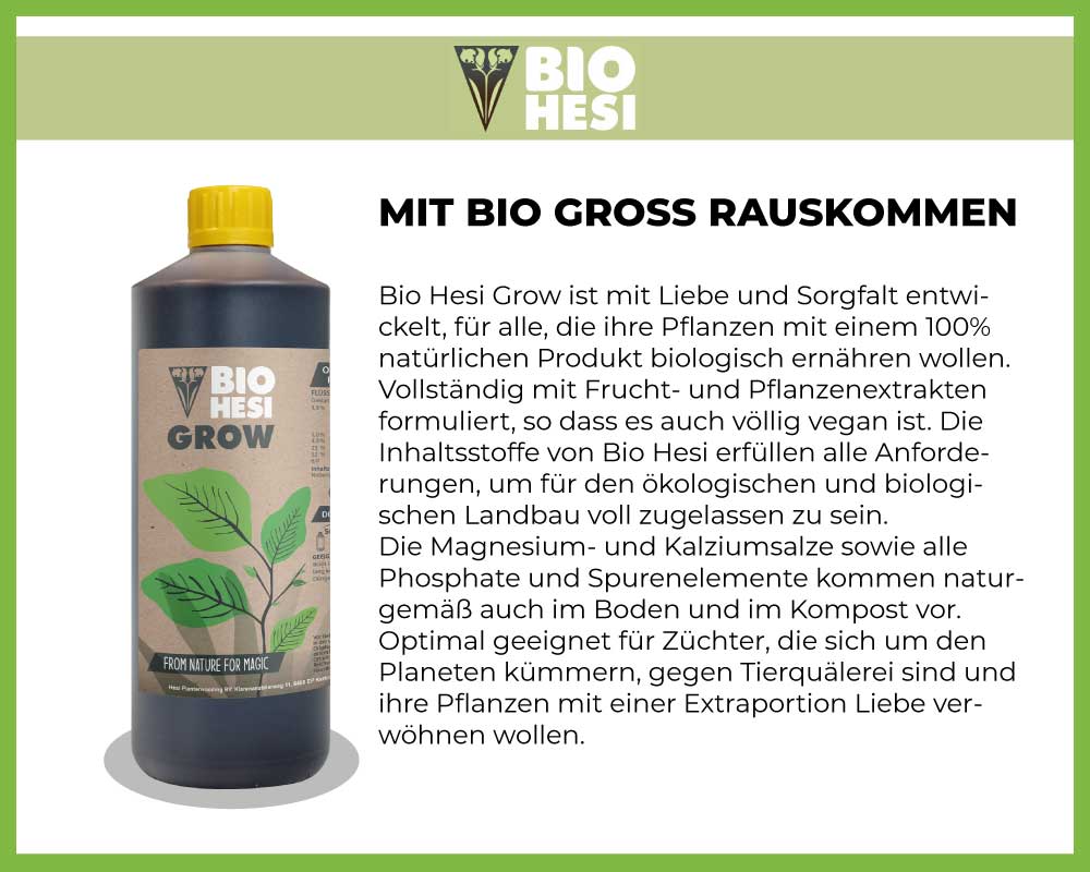 Beschreibung von Bio Hesi Grow, Veganer und Biologischer Wachstums Dünger.