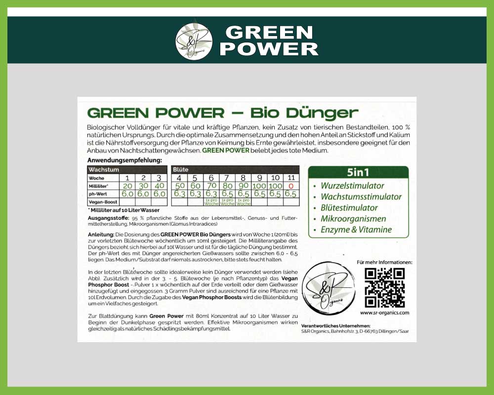 S&K Organics Green Power, 5in1 Bio Dünger Vegan Anwendungsempfehlung.