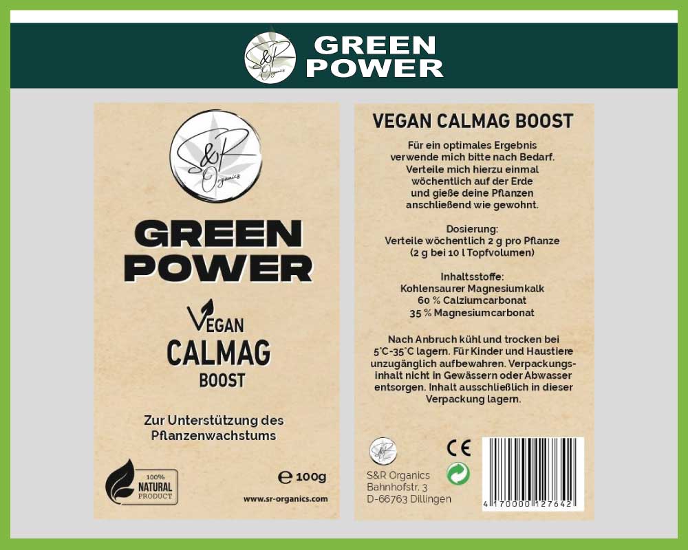 Etikett von S&K Organics Green Power, Vegan Calmag Boost, 100 Gramm. Zur Unterstützung des Pflanzenwachstums.