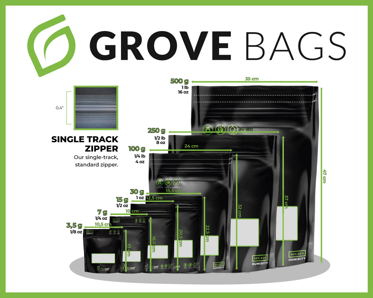 Angabe der Verschlussart und verschiedenen Grössen der Standard Grove Bags.