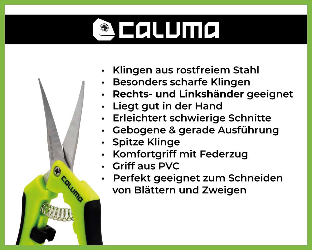 Beschreibung von der Caluma Ernte- und Trimmschere mit gebogener Klinge.
