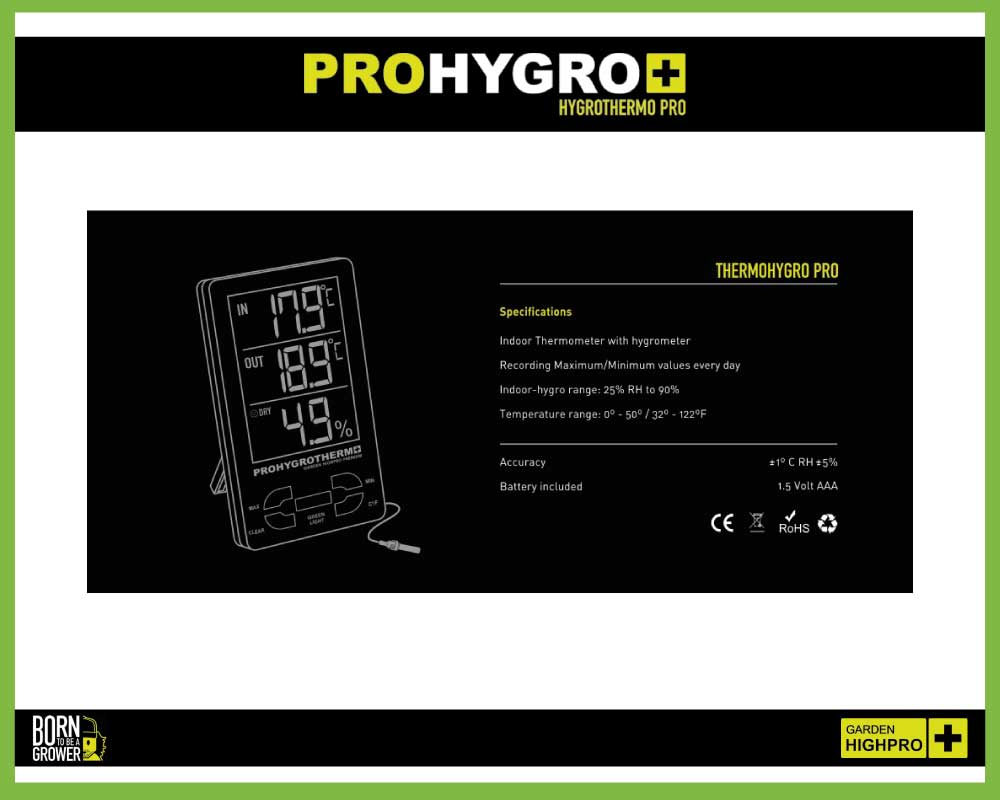 Beschreibung des Hygrothermo Pro mit 2 Temperatur- Messpunkten und wasserdichtem Messfühler von Garden HighPro.