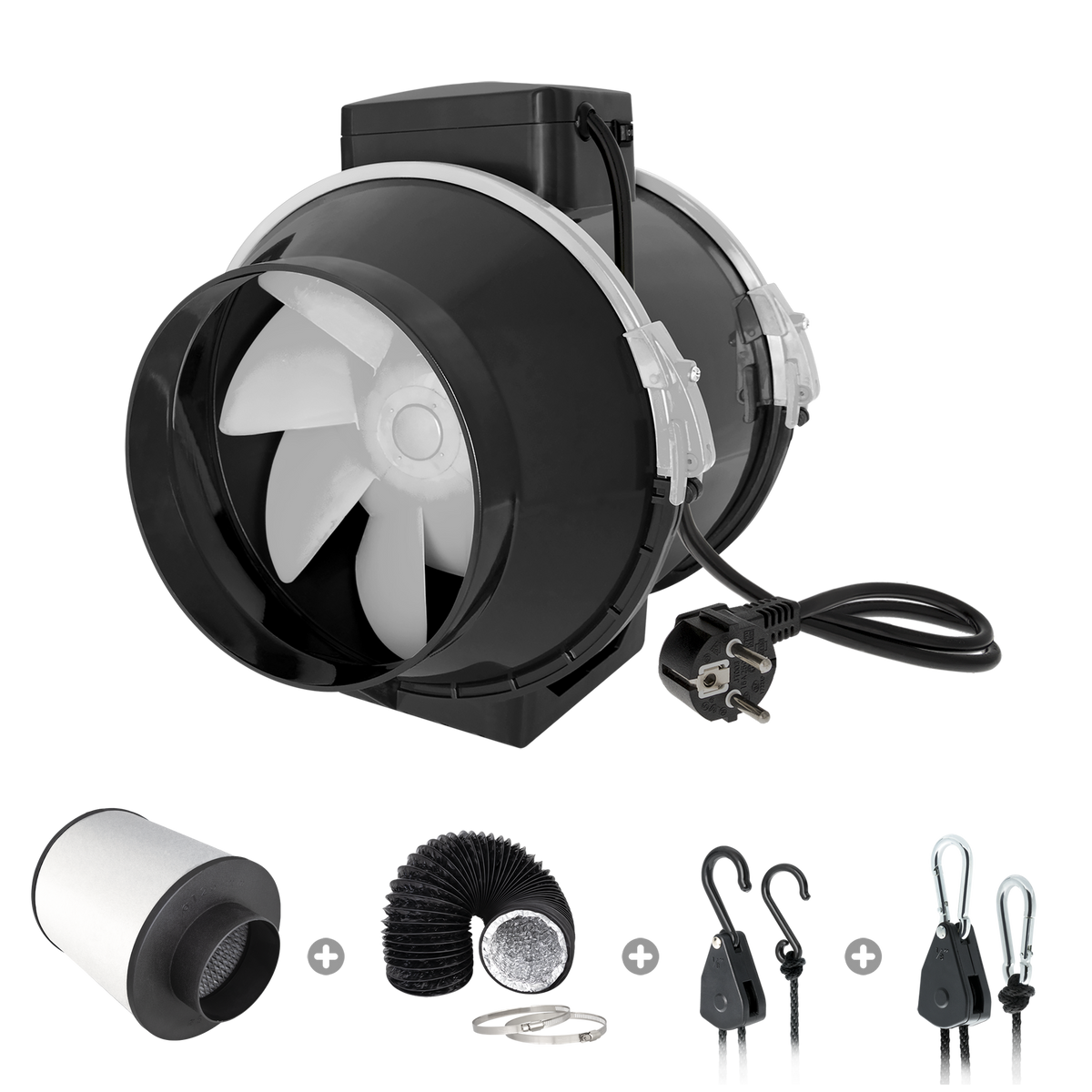 TRAFIKA Extractor Kit 125 mm / 250 m³/h – Grow Abluft Set mit Aktivkohlefilter und Rohrlüfter